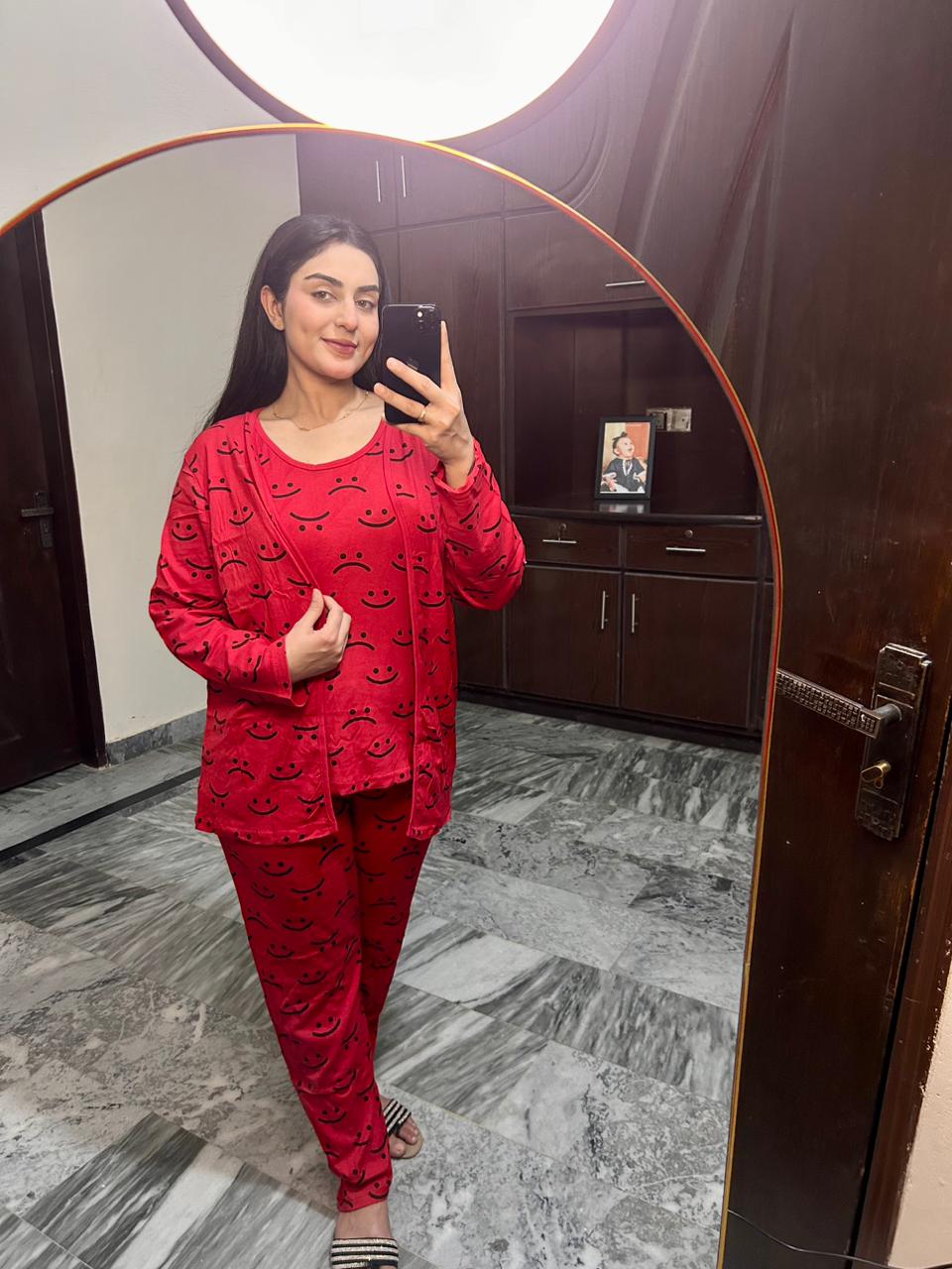 Red Smile Print 3 Piece Night Suit For Her (RX-435)