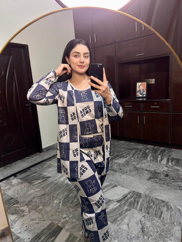 White with Blue Doraemon Print 3 Piece Night Suit For Her (RX-436)
