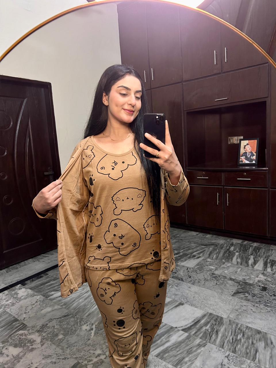 Brown Bear Print 3 Piece Night Suit For Her (RX-437)