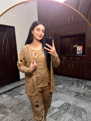 Brown Bear Print 3 Piece Night Suit For Her (RX-437)