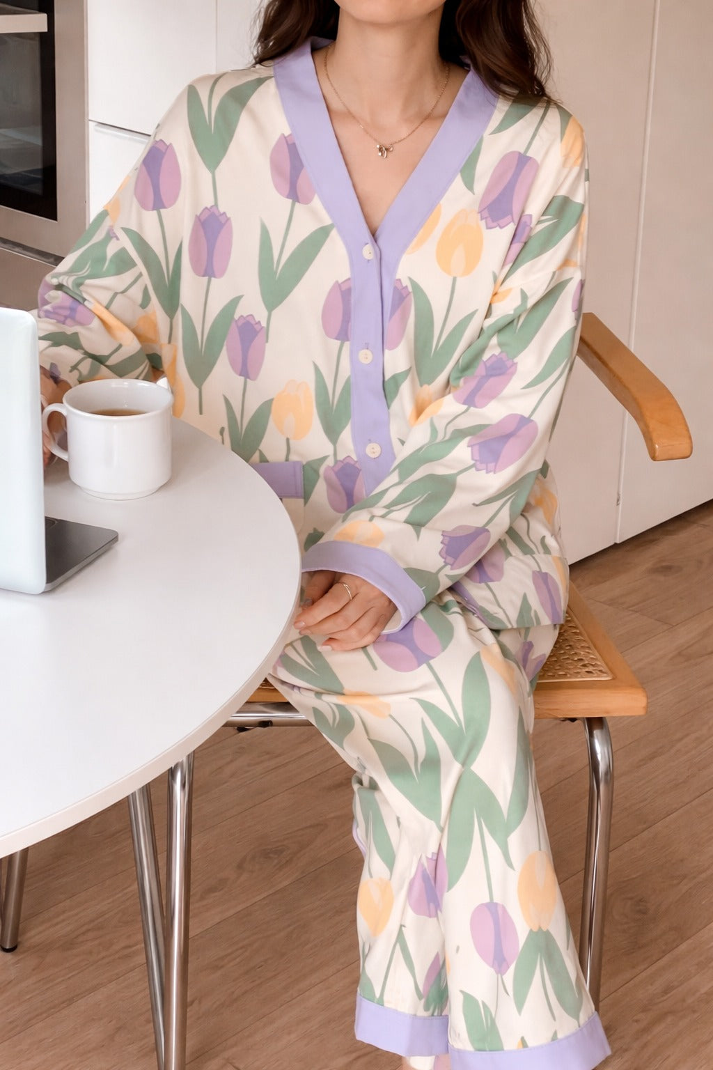 White with Flowers printed Front button Style night suit For her (RX-446)