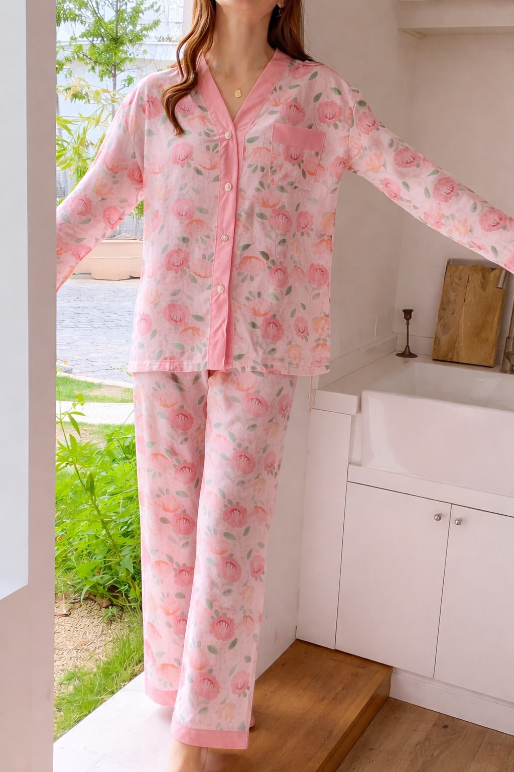 Pink Flowers printed Front button Style night suit For her (RX-447)