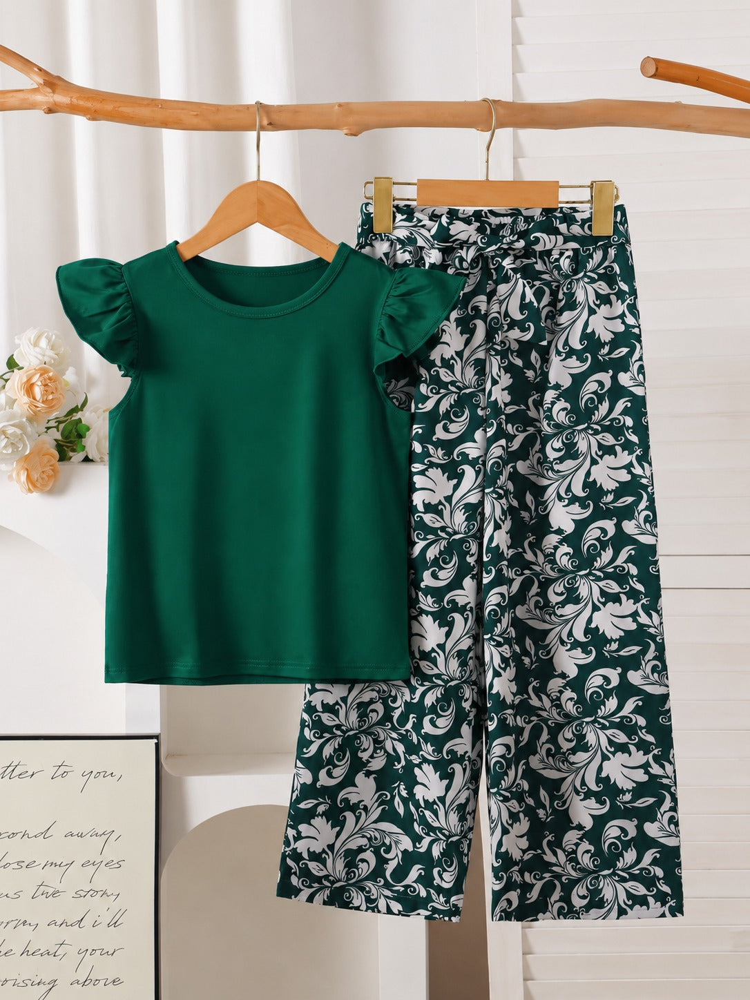 Plain Green T-shirt With Floral Printed Trouser Kid Suit (RX-460)