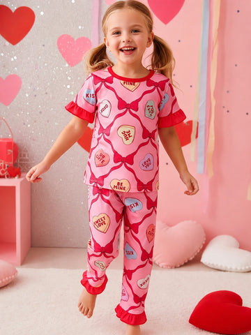 Pink With Red Bow And Hearts Printed Kid Suit (RX-462)