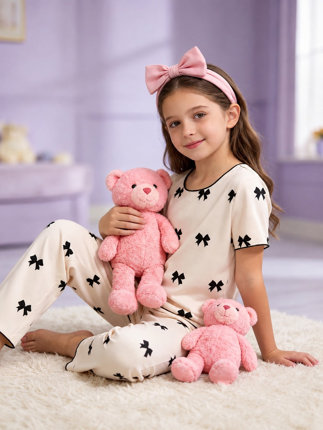 White With Black Bow Printed Kid Suit (RX-461)