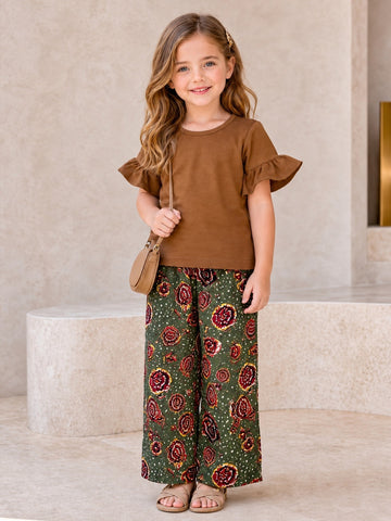 Plain Brown T-shirt With Green Flowers Printed Touser Kid Suit (RX-463)