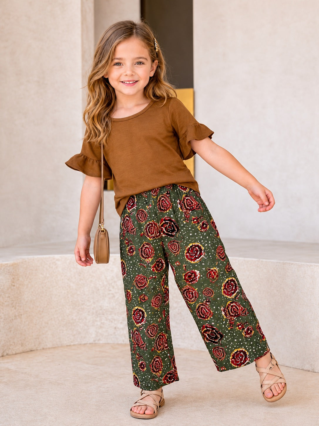 Plain Brown T-shirt With Green Flowers Printed Touser Kid Suit (RX-463)