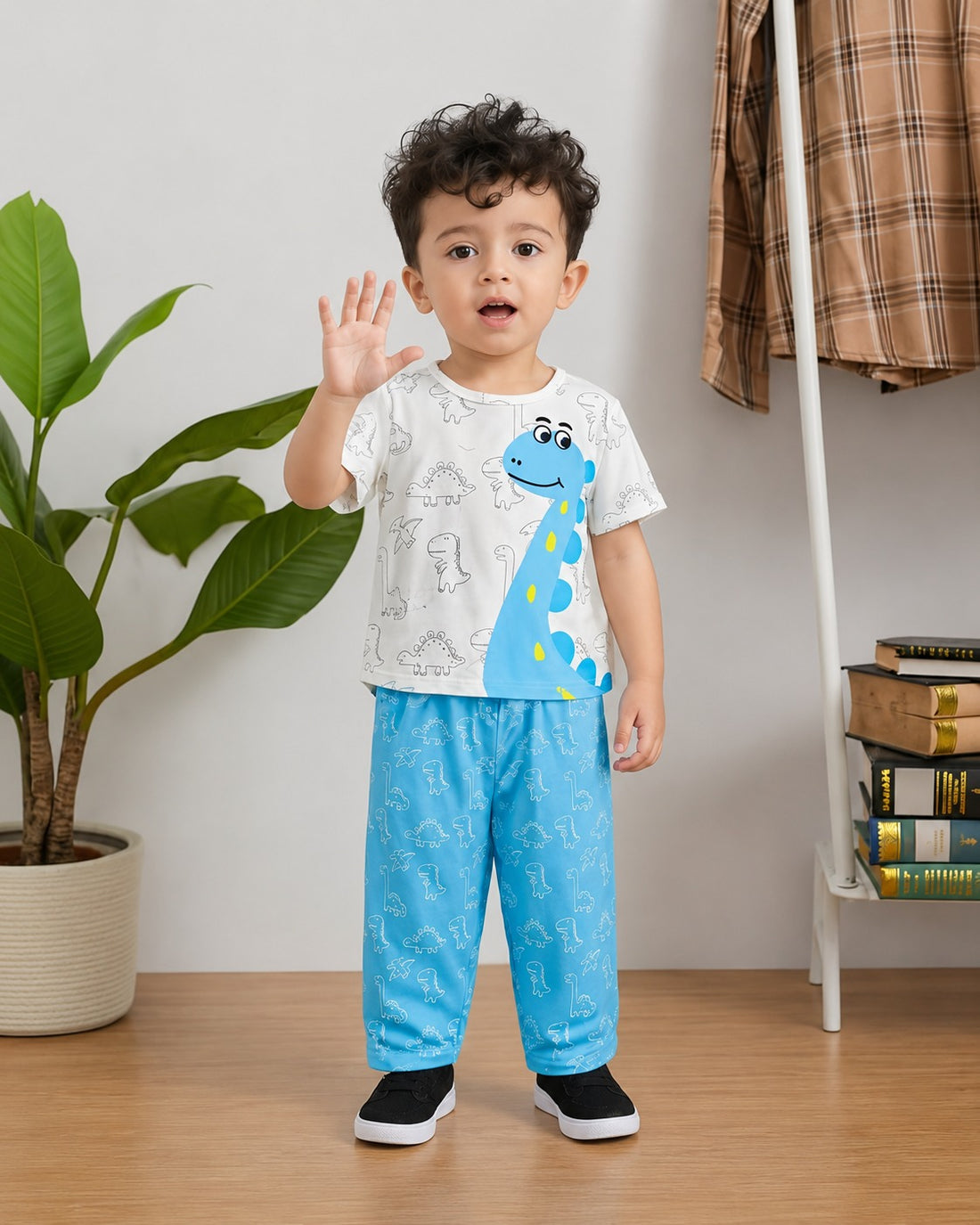 White With Blue Dino Printed Kid Suit (RX-467)