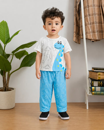 White With Blue Dino Printed Kid Suit (RX-467)