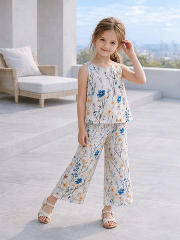 White Flowers Printed Sleeveless Kids Suit (RX-482)