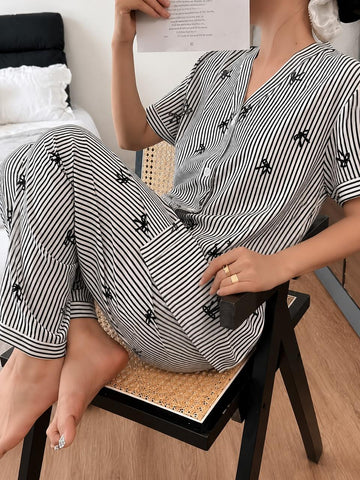 white with black lining all over Bow printed half sleeves Button style Night Suit For Her (RX-496)