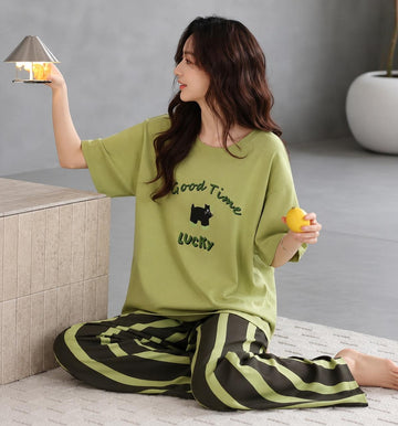 Olive green Good times lucky printed half sleeves night suit For her (RX-491)