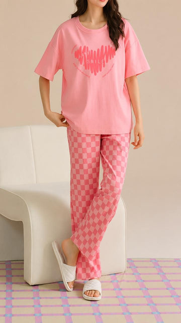 Pink Big Smile hearts printed half sleeves with checkered printed trouser night suit For her (RX-493)