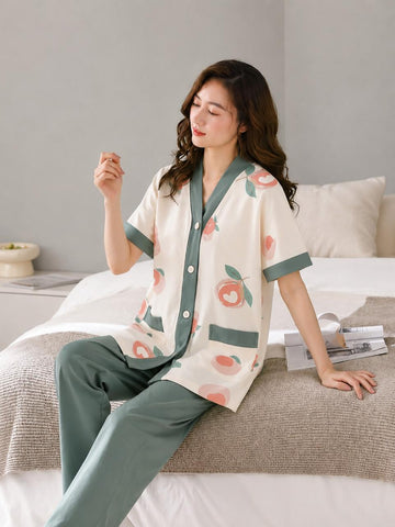 Off white Big Apples Printed Button Style with green pjs Night Suit For Her (RX-495)