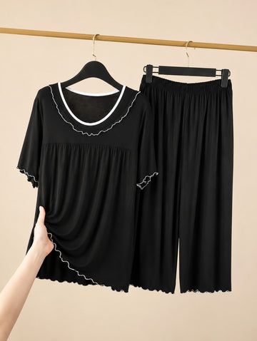 New Black With White Pipin With Frill Night Suit For Her (RX-519)