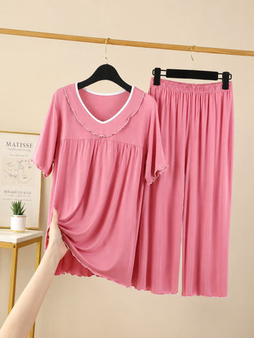 New Pink With White Pipin With Frill Night Suit For Her (RX-520)