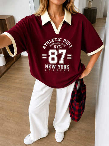 Maroon NYC Oversized Polo With White Baggy Trouser Set (RX-526)