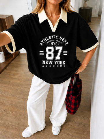 Black NYC Oversized Polo With White Baggy Trouser Set (RX-525)