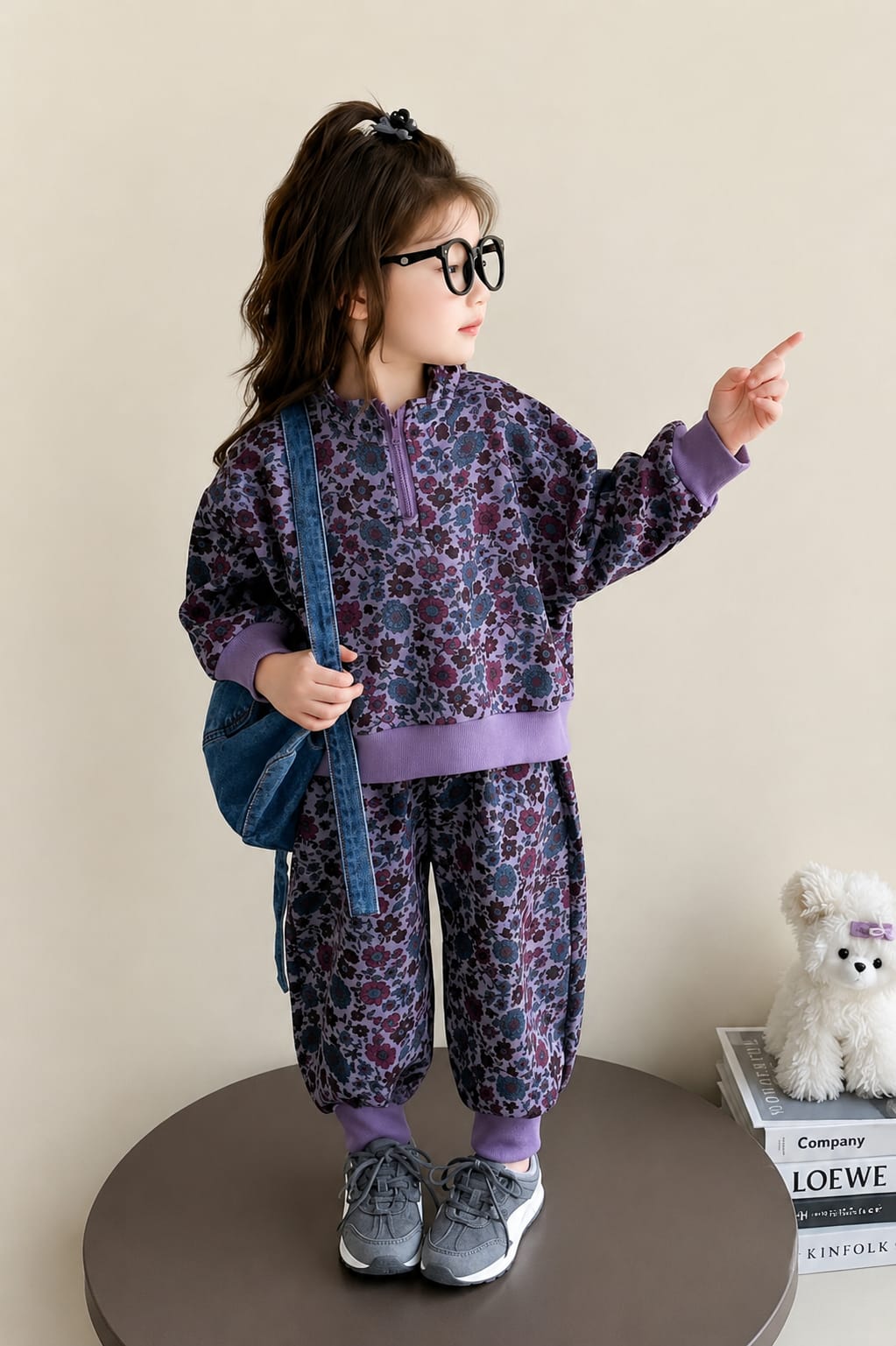 Purple Flowers Printed Half Zipper Kids Track Suit (RX-530)