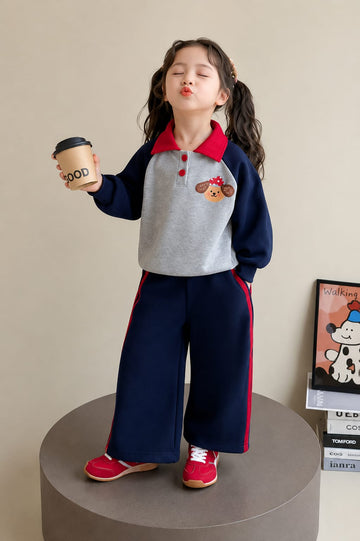 Grey And Navy Blue Cute Puppy Print Kids Track Suit (RX-532)
