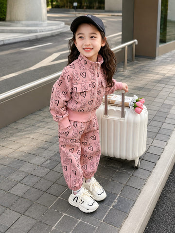 Pink Cute Bear And Hearts Printed Zipper Track Suit (RX-533)