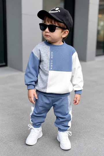 New Blue Grey White Panels Kids Track Suit (RX-536)
