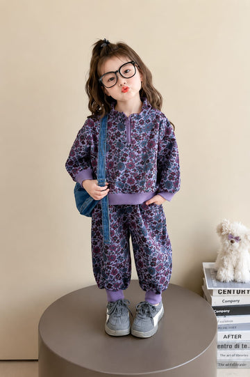 Purple Flowers Printed Half Zipper Kids Track Suit (RX-530)