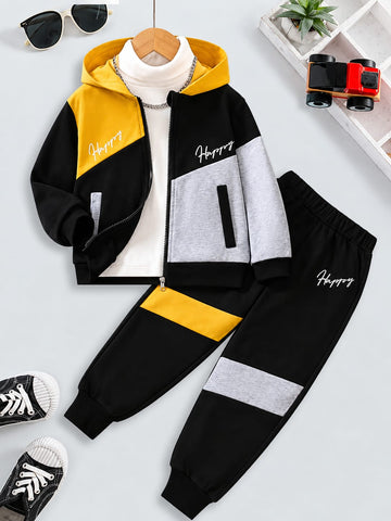 Yellow, Black With Grey Panels Happy Printed Zipper Kids Track Suit (RX-537)