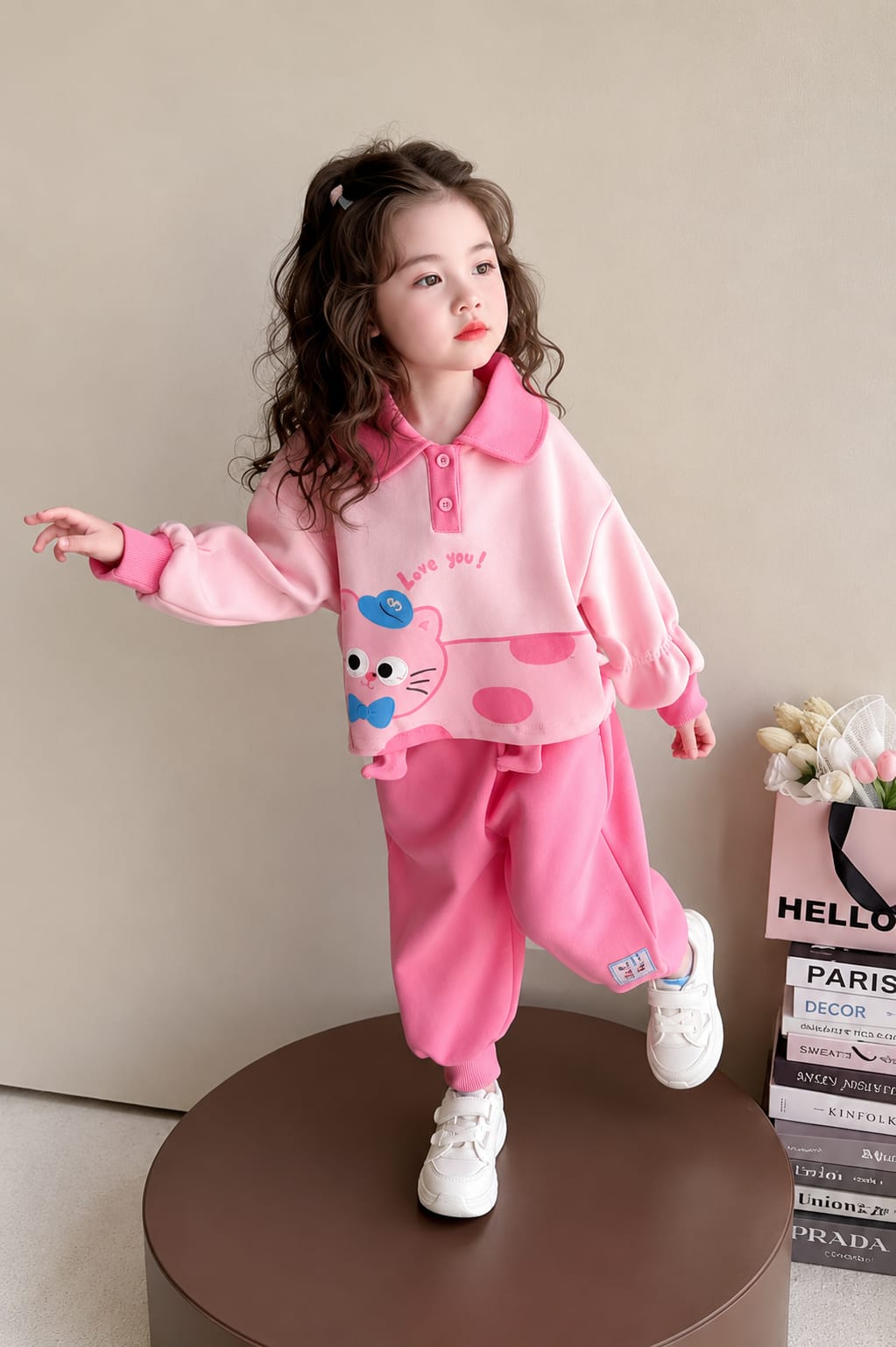 Pink Cute Kitty Lets Go Printed Kids Track Suit (RX-535)
