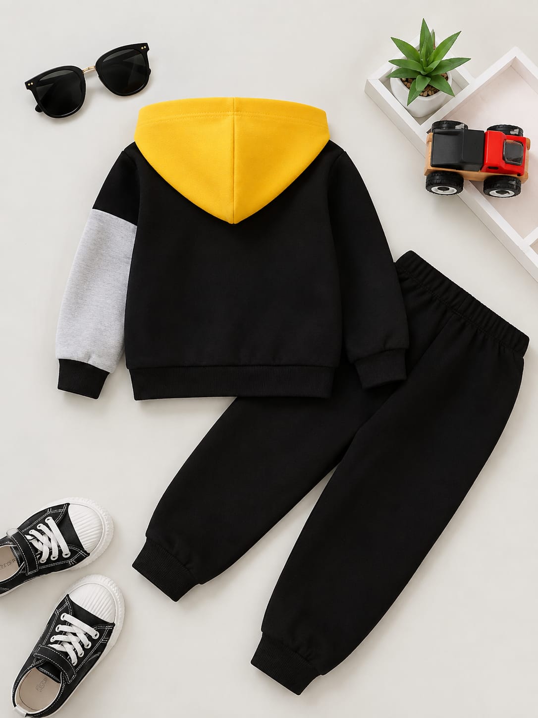 Yellow, Black With Grey Panels Happy Printed Zipper Kids Track Suit (RX-537)