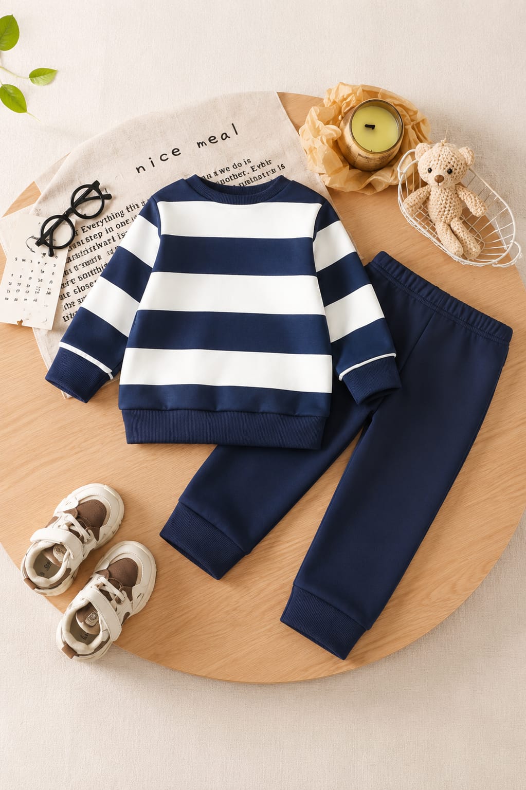 Blue And White Stripes Bear Printed Kids Track Suit (RX-539)