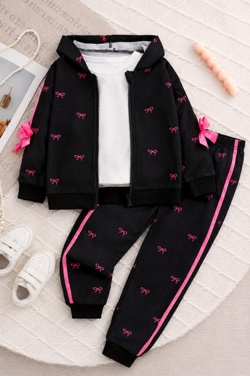 Black With Pink Bow Printed Zipper Track Suit (RX-540)