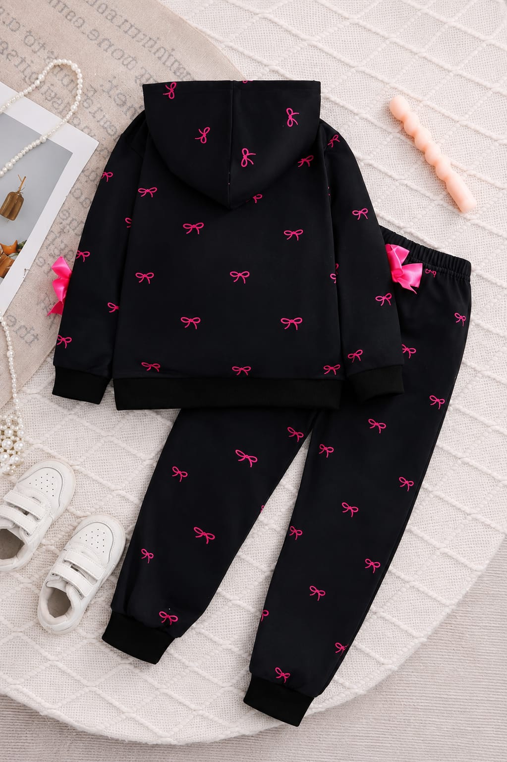 Black With Pink Bow Printed Zipper Track Suit (RX-540)