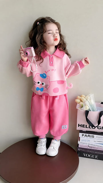 Pink Cute Kitty Lets Go Printed Kids Track Suit (RX-535)