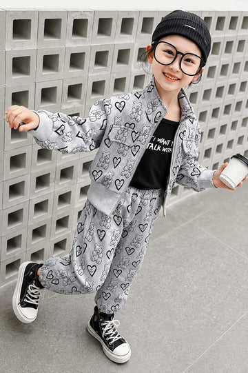 Grey Cute Bear And Hearts Printed Zipper Track Suit (RX-541)