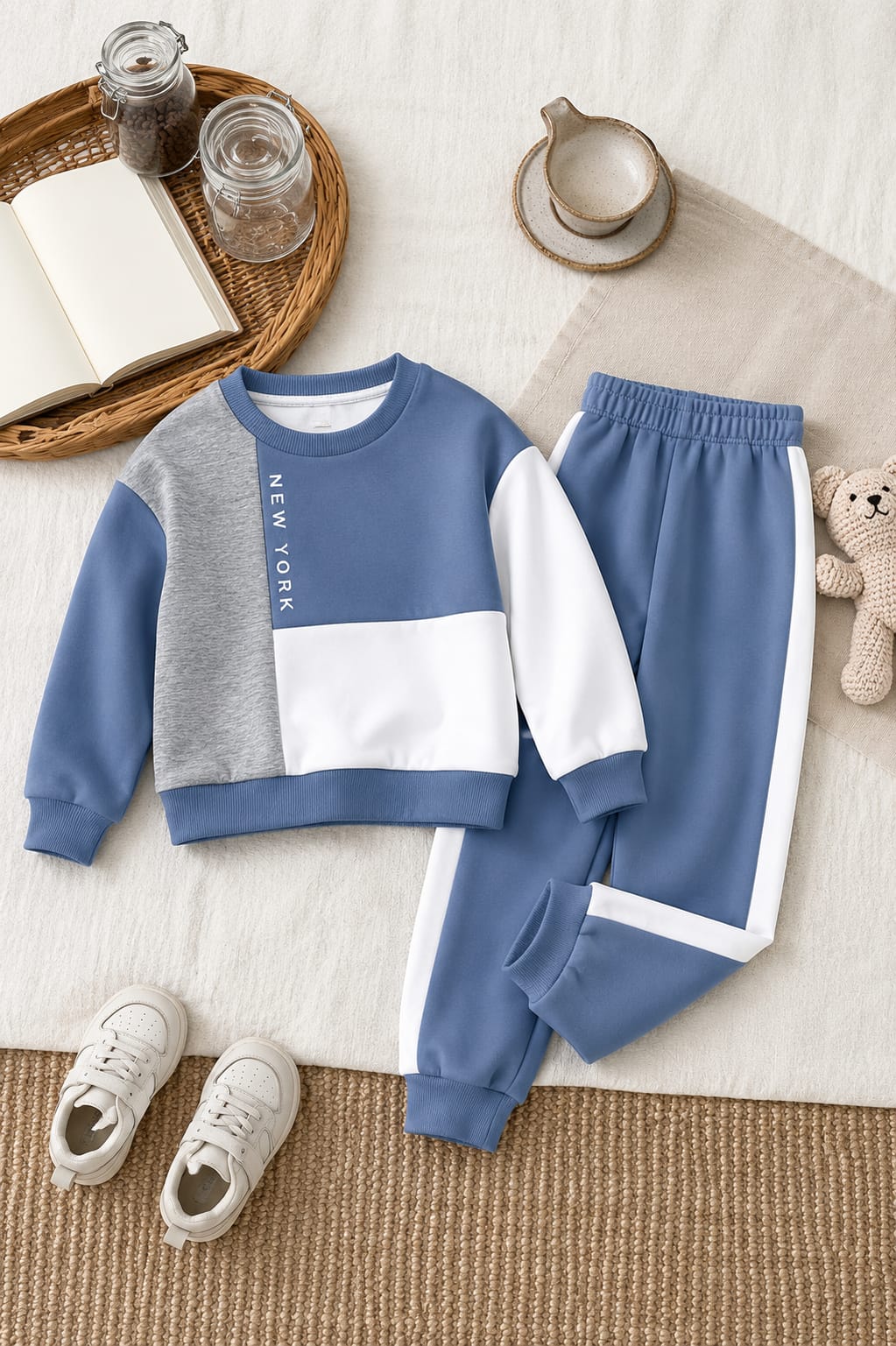 New Blue Grey White Panels Kids Track Suit (RX-536)