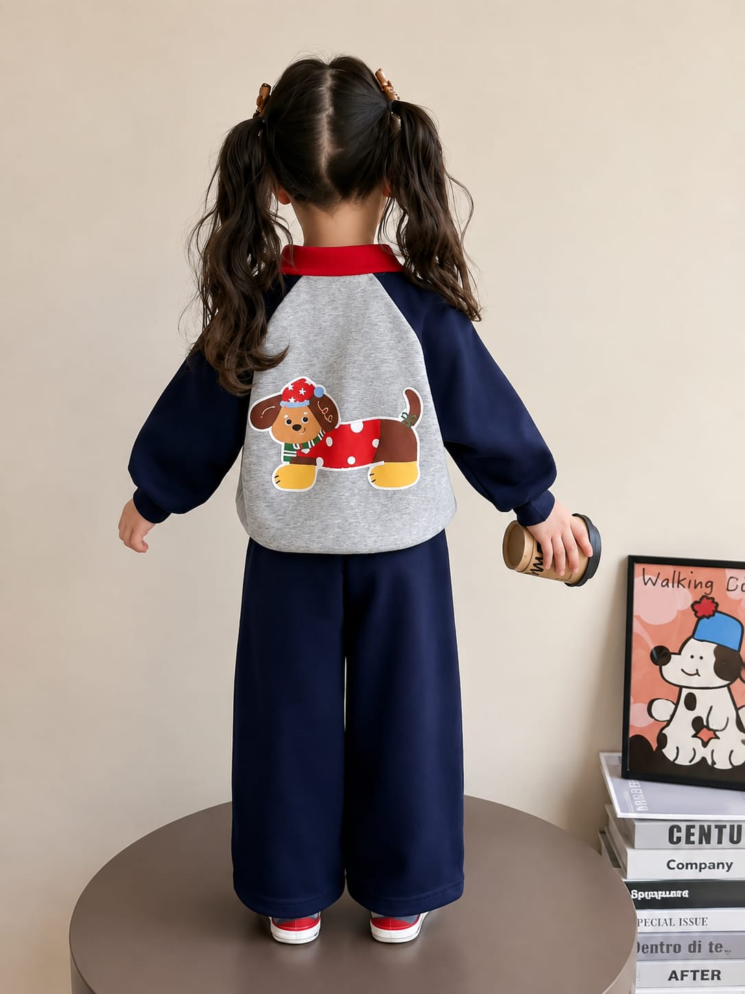 Grey And Navy Blue Cute Puppy Print Kids Track Suit (RX-532)
