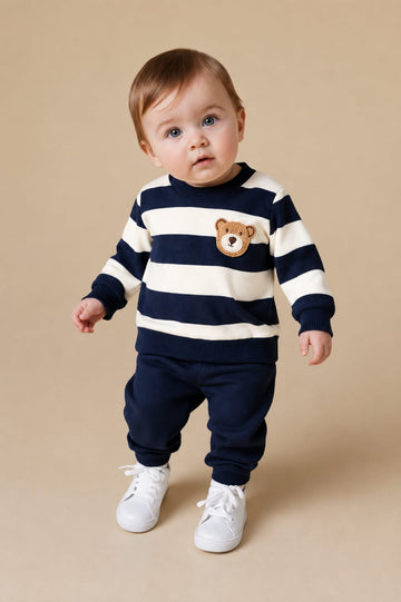 Blue And White Stripes Bear Printed Kids Track Suit (RX-539)