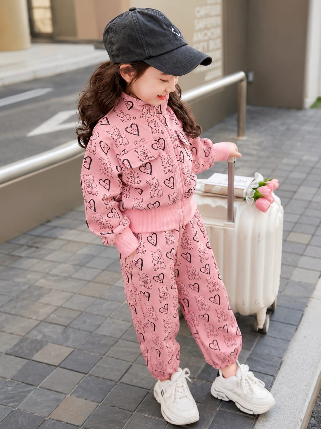 Pink Cute Bear And Hearts Printed Zipper Track Suit (RX-533)