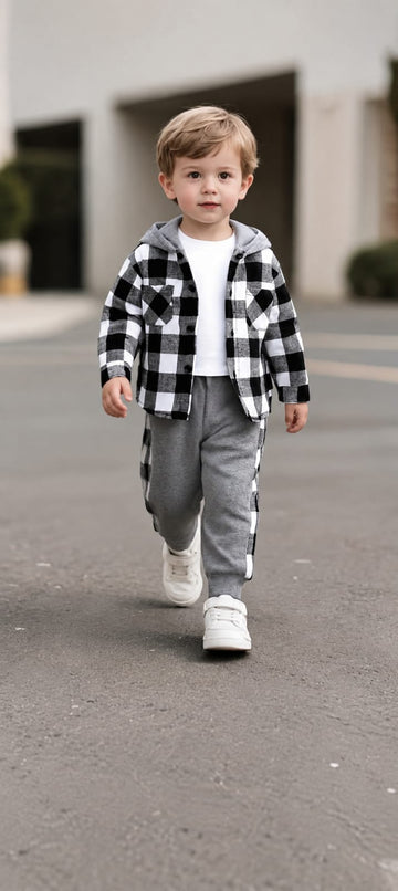 Grey And Black Check Button Down Kids Track Suit (RX-546)