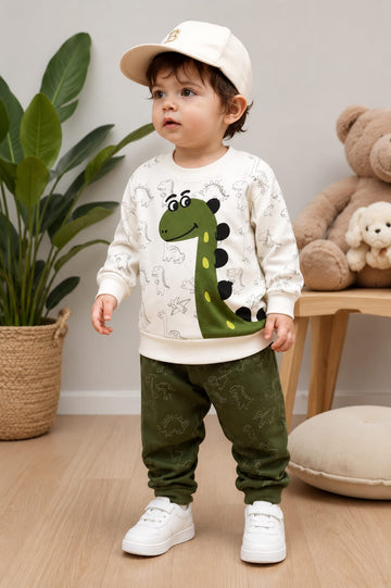 Off White With Green Dinasour Kids Track Suit (RX-545)