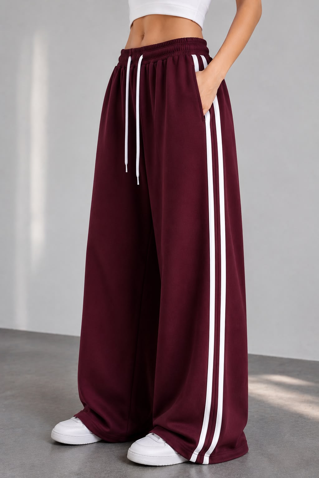 Maroon White Stripes Terry Baggy Trousers for her (RX-555)