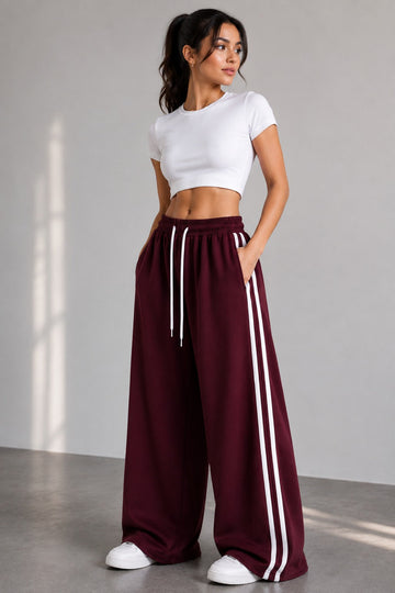 Maroon White Stripes Terry Baggy Trousers for her (RX-555)