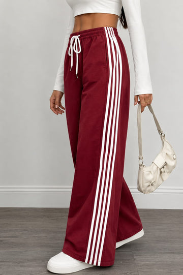 Maroon With 4 White Stripes Wide Leg Baggy Terry Trouser for her (RX-560)