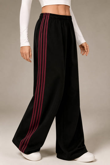 Black With 4 Maroon Stripes Wide Leg Baggy Terry Trouser for her (RX-563)