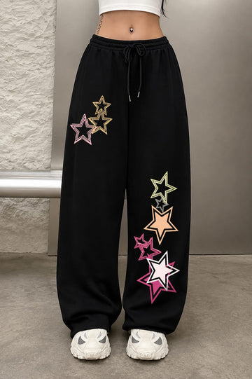 Black With Multi Color Stars Wide Leg Baggy Terry Trouser for her (RX-568)