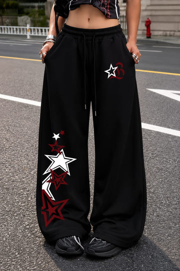 Black With Red And White Stars Wide Leg Baggy Terry Trouser for her (RX-569)