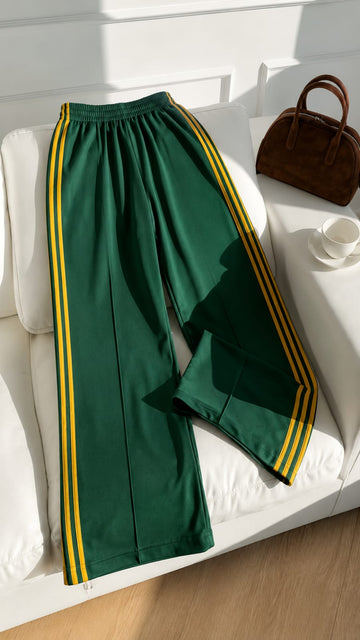 Green With 4 Yellow Stripes Wide Leg Baggy Terry Trouser for her (RX-564)