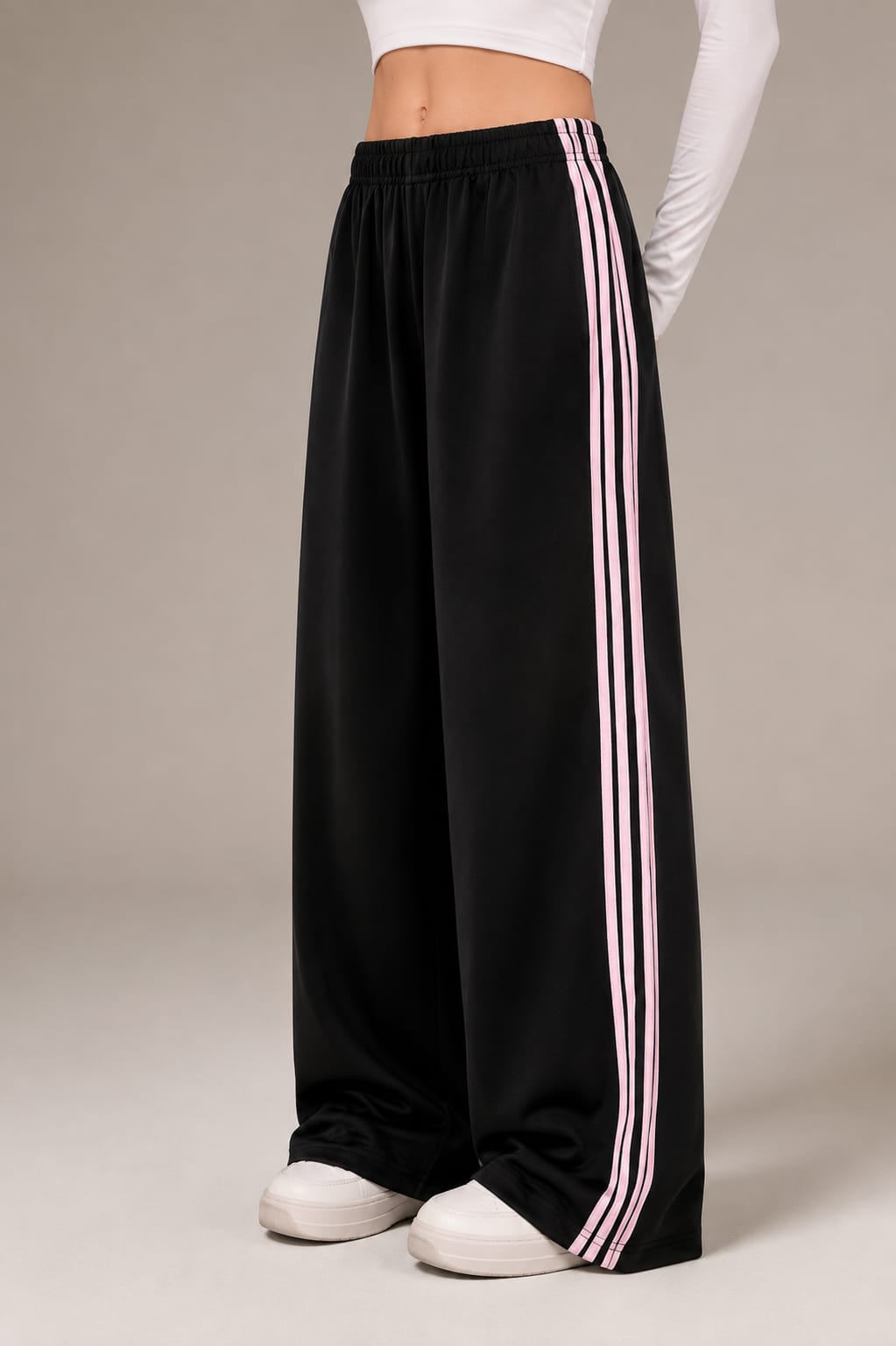 Black With 4 Pink Stripes Wide Leg Baggy Terry Trouser for her (RX-561)