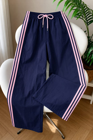 Navy Blue With 3 Pink Stripes Wide Leg Baggy Terry Trouser for her (RX-565)